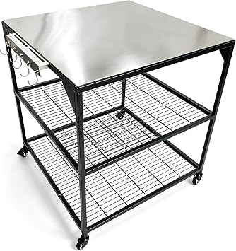 Three-Shelf Movable Stainless Steel & Steel Outdoor Dining Cart Table Pizza Oven Protable Grill and Heavy Duty Grill Cart Outdoor Table