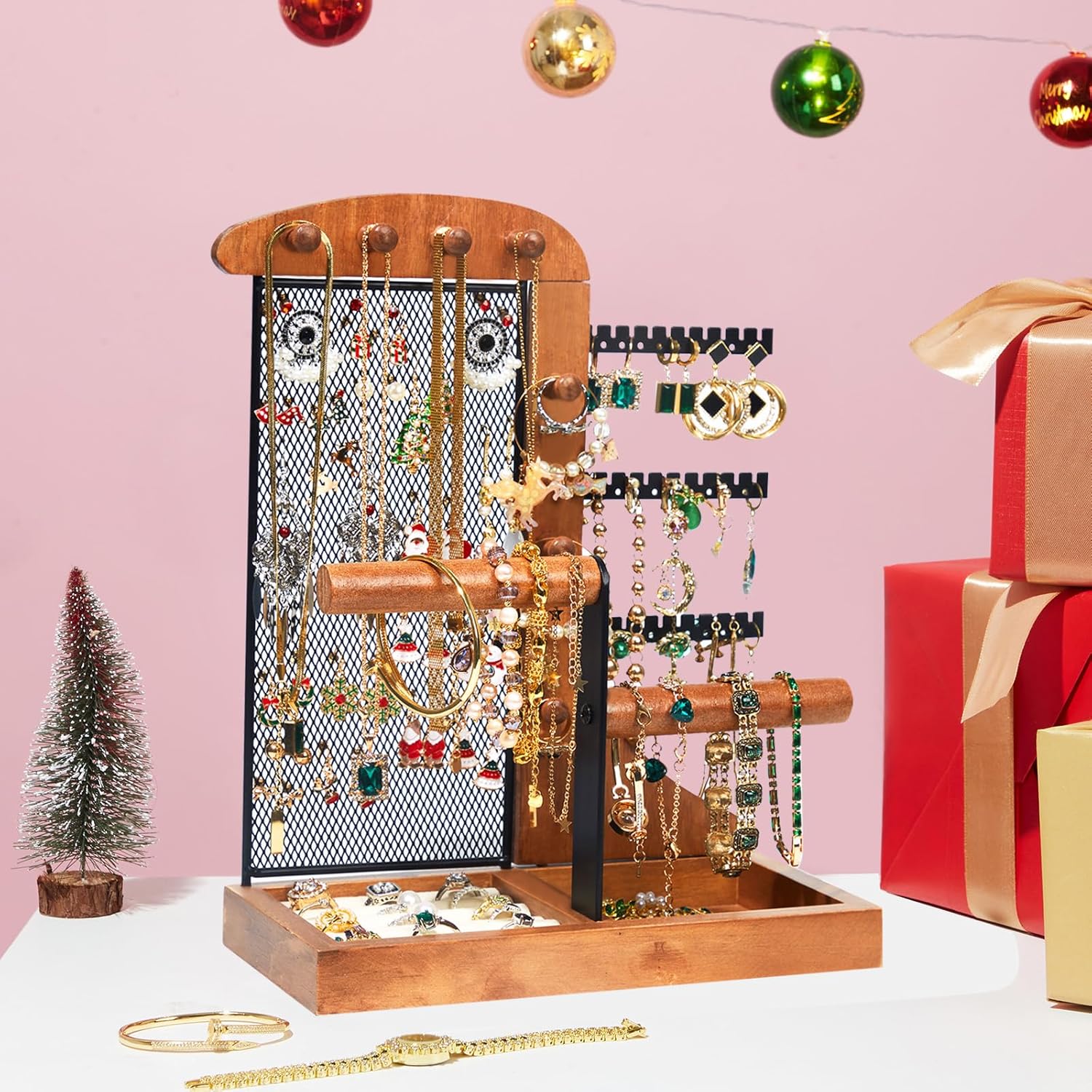 Jewelry Holder, Jewelry Organizer, Jewelry Display Stand with Wood Frame and Velvet Tray, Necklace Earring Bracelet Holder, for Studs, Rings, Watches, Bangles