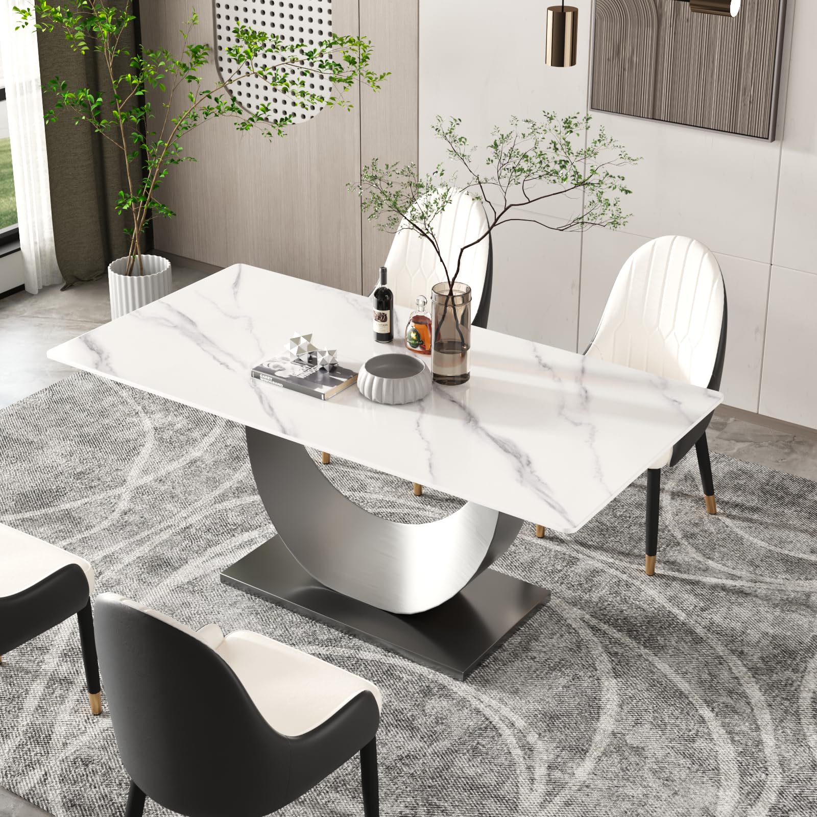 Modern White Dining Table for 4,71" White Marble Sintered Stone Top Dining Table,Rectangle Faux Marble Kitchen Dinner Table with U-Shape Stainless