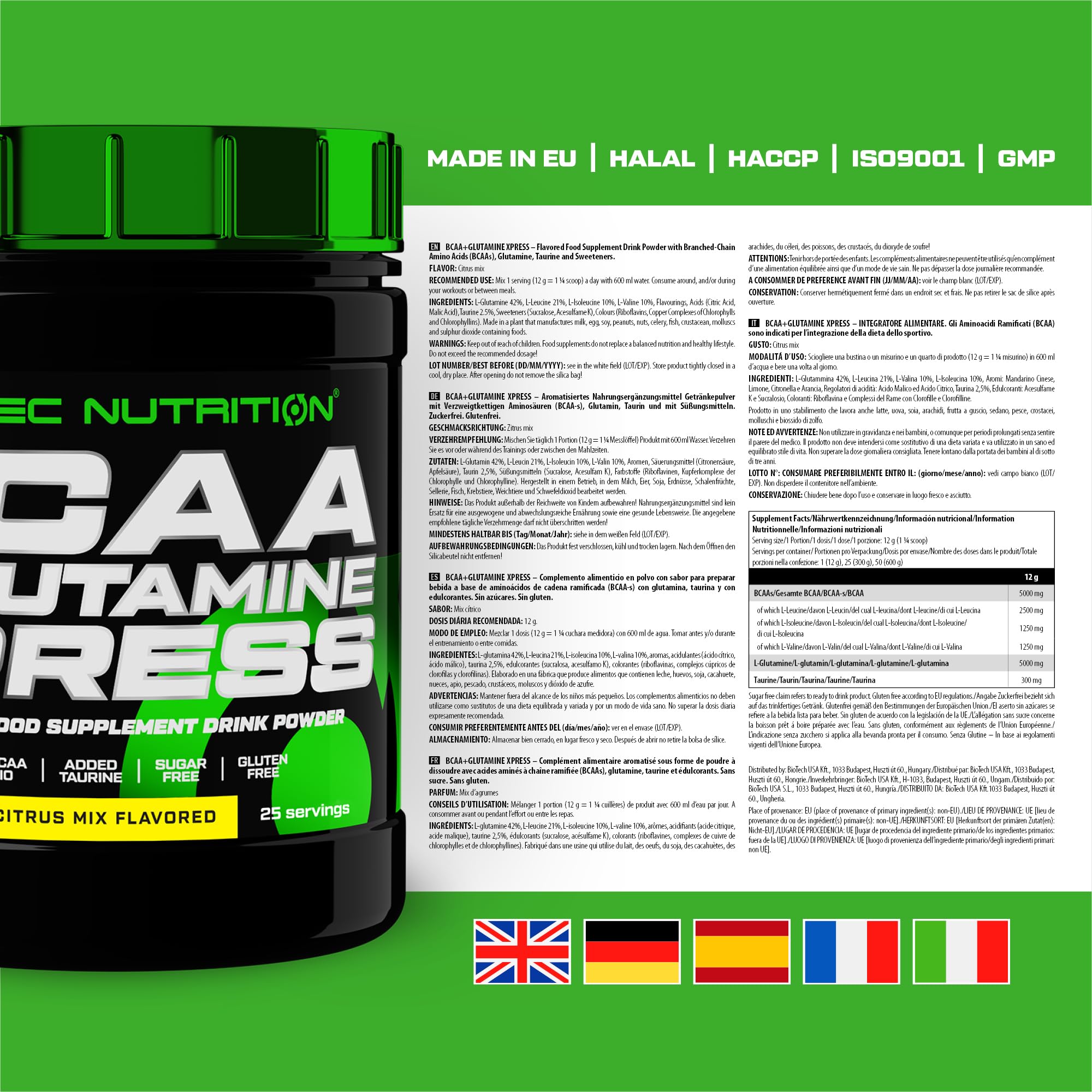 Scitec Nutrition BCAA + Glutamine Xpress - Mélange d'acides aminés essentiels - avec 5g de BCAA 2:1:1-5g de Glutamine - enrichi en Taurine, 300 g, Mélange d’agrumes