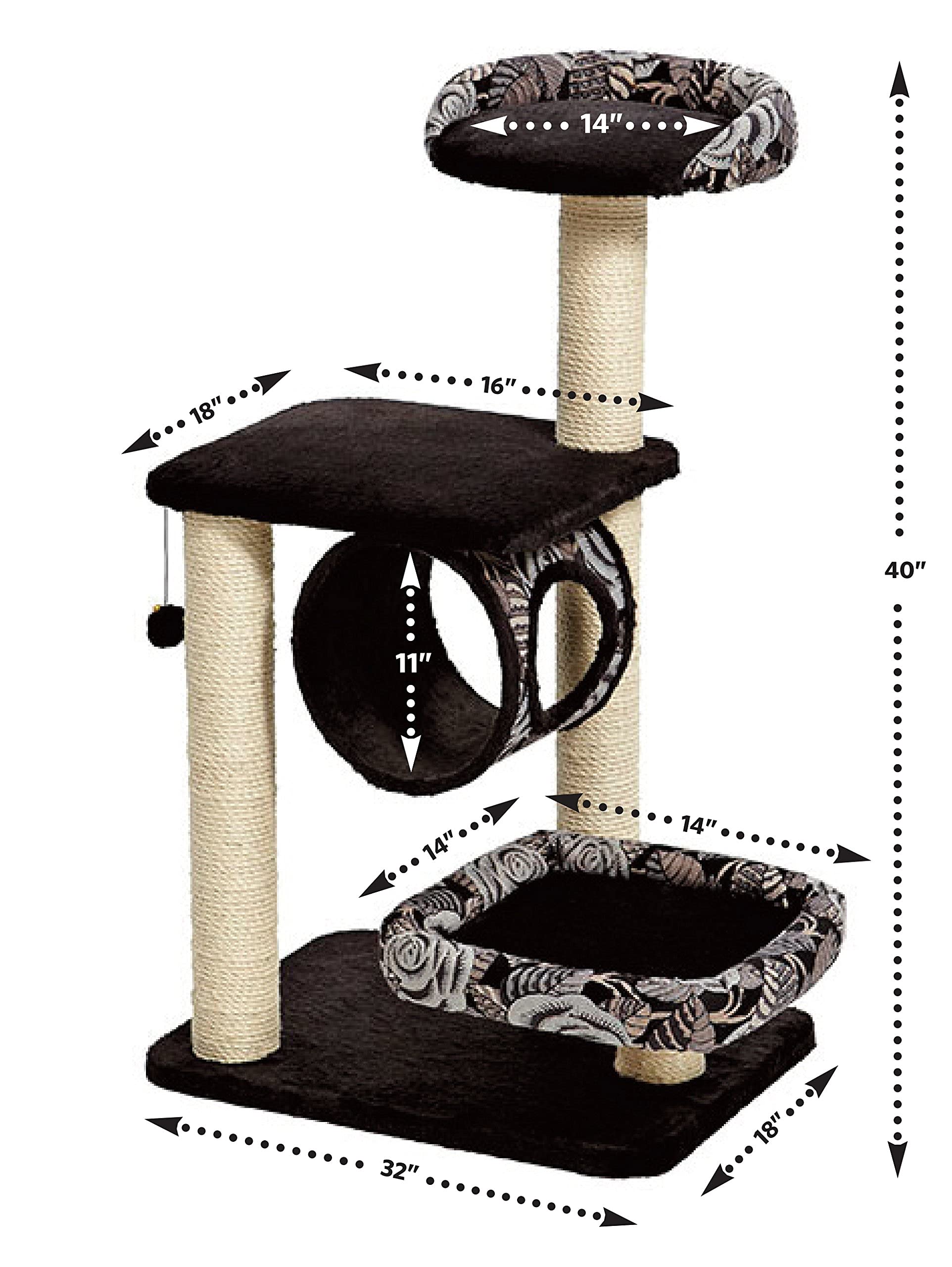 MidWest Homes for Pets Escapade Arbre à chat à 4 étages avec support enveloppé de sisal et griffoir pour chat - Motif noir/blanc