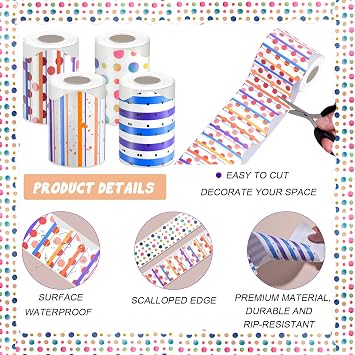 4 Roll 196.8Ft Bulletin Board Borders for Board Trim for Office School Home | Polk Dot Stripes Self-Adhesive Scalloped Rolled Borders for Bulletin Board For Classroom Decor