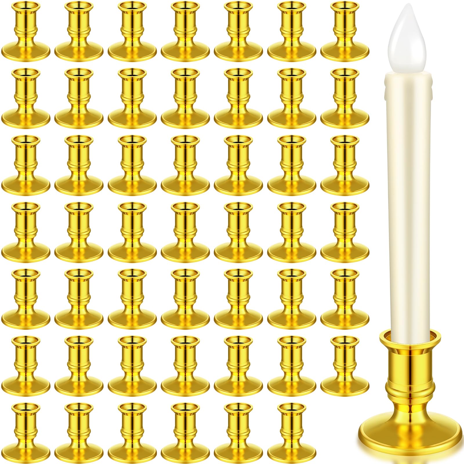 window candle taper candle holders plastic traditional candlesticks for table centerpiece pillar candle base holder for halloween christmas wedding dinner tables (gold,48 pieces)