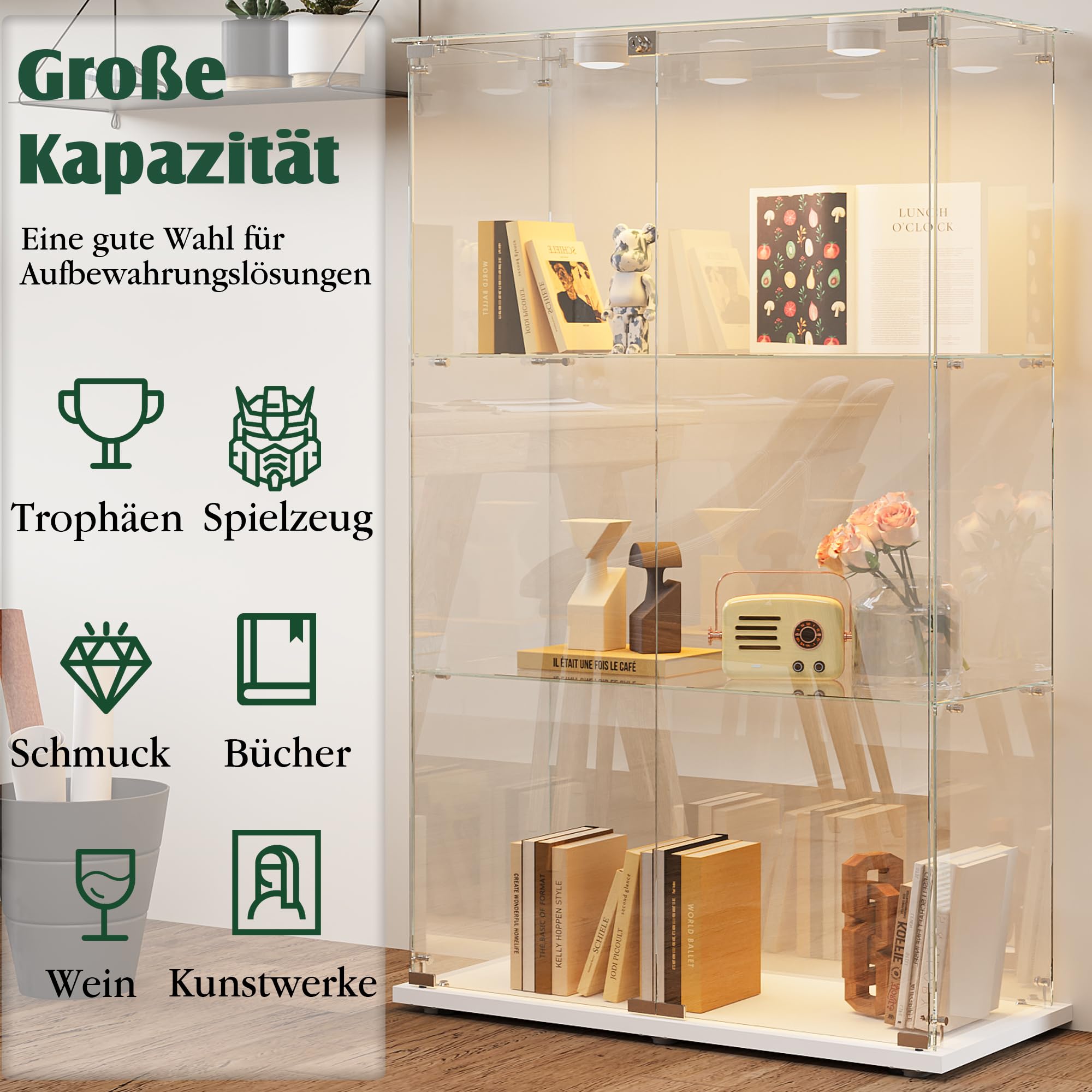 Glasvitrine Standvitrine mit LED Beleuchtung, Glasvitrine Stehend mit 3 Glasböden & 2 Glastüren abschließbar, Vitrinenschrank für Wohnzimmer Büro Sammlerstücke Bücher Wein Weiß