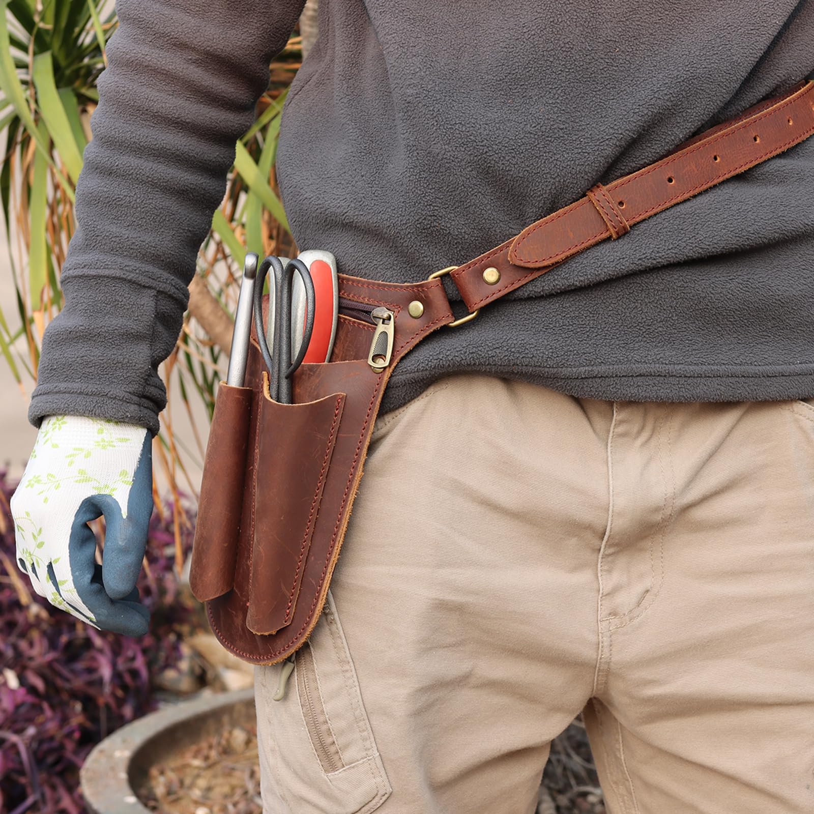 TOURBON Echtleder-Gartenwerkzeuggürtel für Männer und Frauen, Gandening-Tasche, Floristen-Organizer, Gärtnertasche