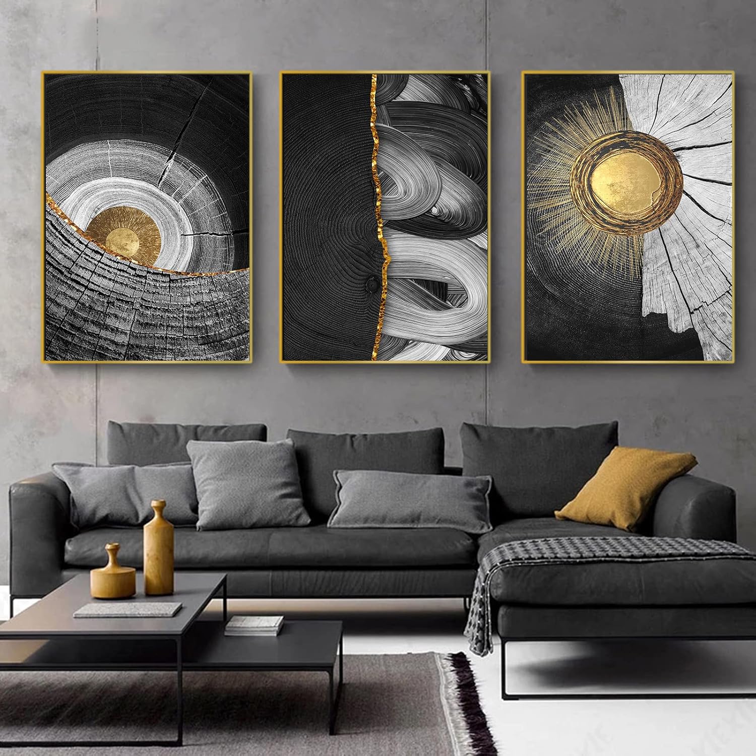 Tree Ring Prints Wall Art Black and Gold Abstract Painting