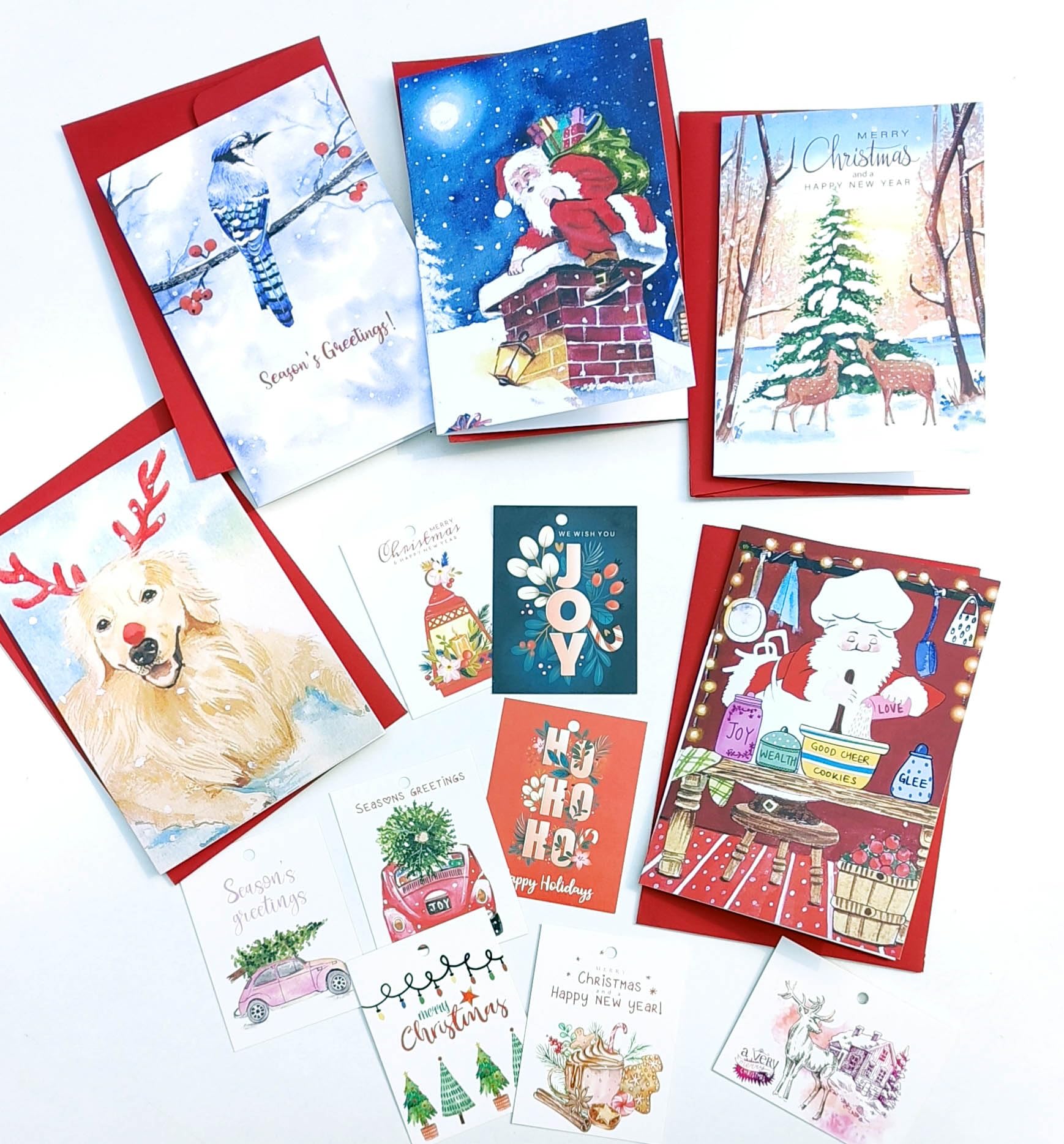 Christmas Greeting cards pack of 5 | 8 gift tags | digital print of Cheerful holiday watercolor illustration | Made on Imported Paper | Each card comes in a Red Envelope | 4"X6"