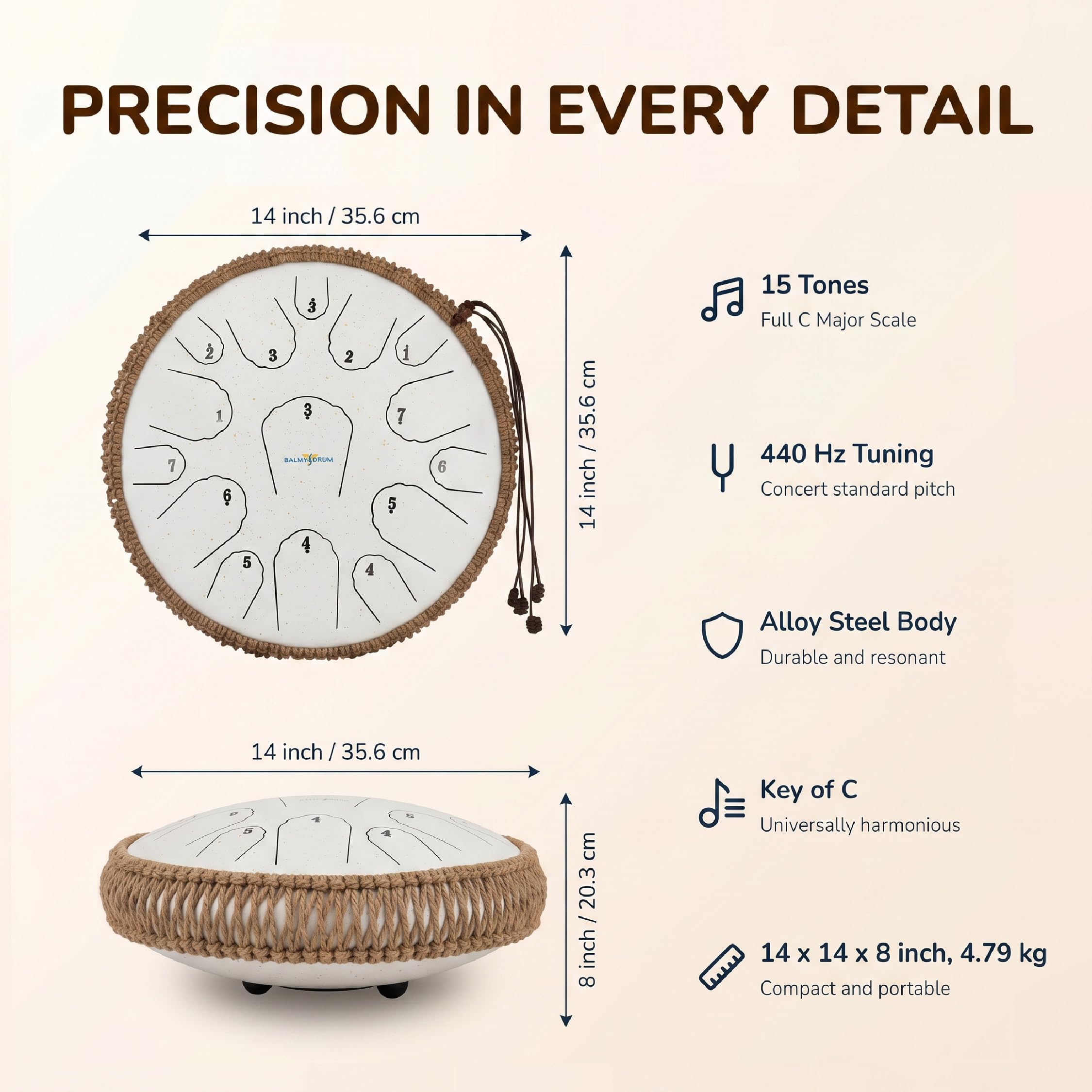 Balmy Drum The - 15 Note 14 Inch Steel Tongue Drum, Steel Drum Instrument, Tamburo per adulti, Set per bambini con libro di musica, tamburo handpan, martello e borsa per il trasporto, tamburo lingua