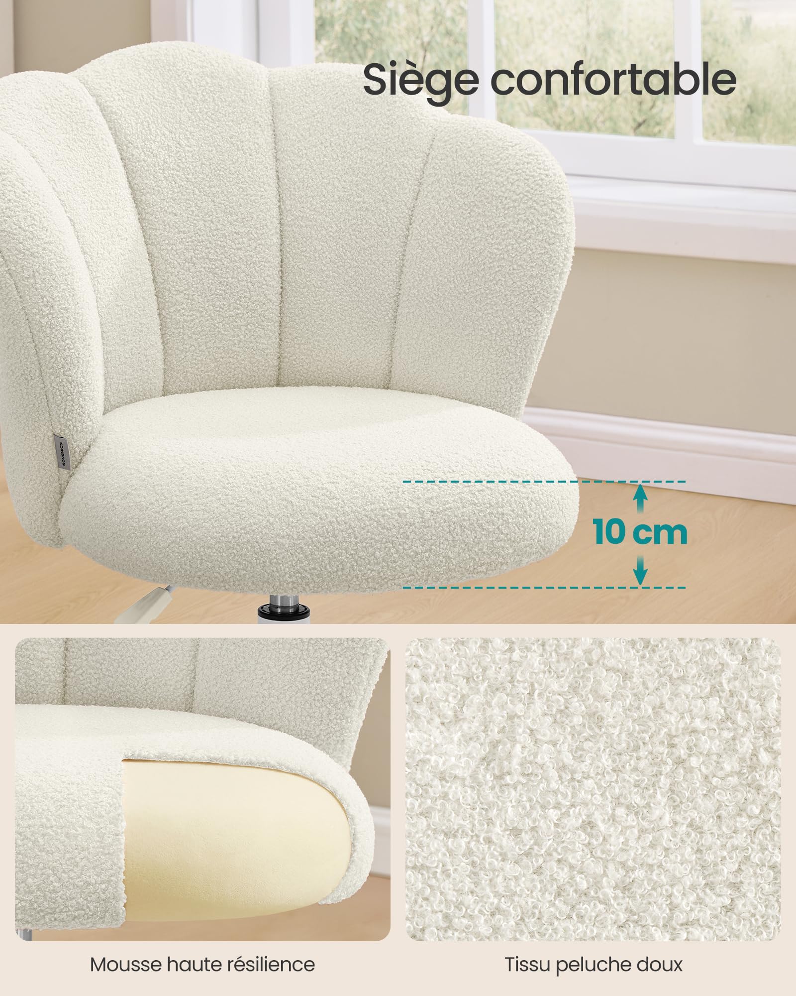 SONGMICS Chaise de Bureau Pivotante 360°, Chaise Coiffeuse Rembourrée, Tissu Peluche, Supporte 110 kg, Dossier en Forme de Pétales, Hauteur Réglable, pour Salon, Chambre, Blanc Crème OBG030WD01