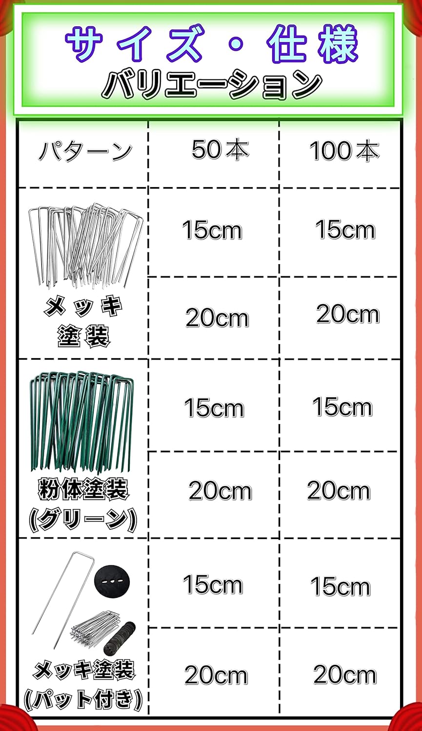 ONESORA 人工芝 おさえピン 防草シートピン U字ピン 押えパット付き 【20cm