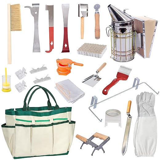 BeeCastle Beekeeping Supplies 22PCS Beekeeping Tools Kit with Organizer Handbag, Bee Keeping Supplies-All Tools Kit Bee Keeping Starter Kit for Beginners and Professional Beekeepers