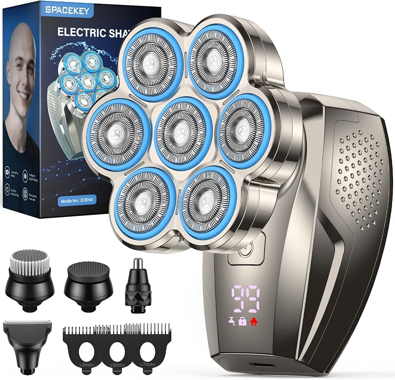 Barbeador elétrico rotativo Spacekey 7D com acessórios removíveis magnéticos, modelo ZCB143