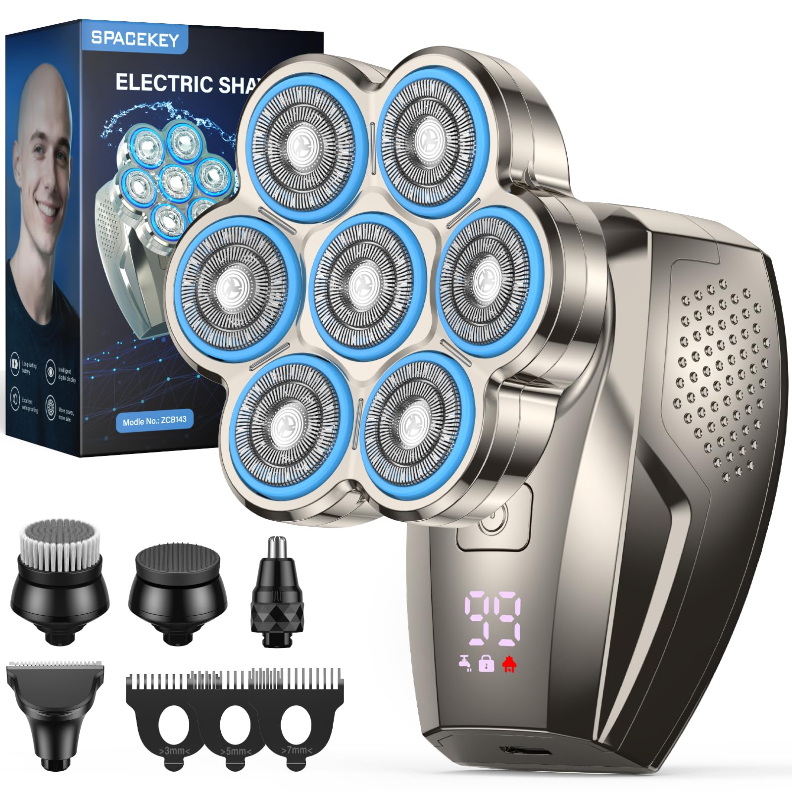 7D Head Shaver for Bald Men, 5-in-1 Magnetic Detachable Electric Razor Gunmetal