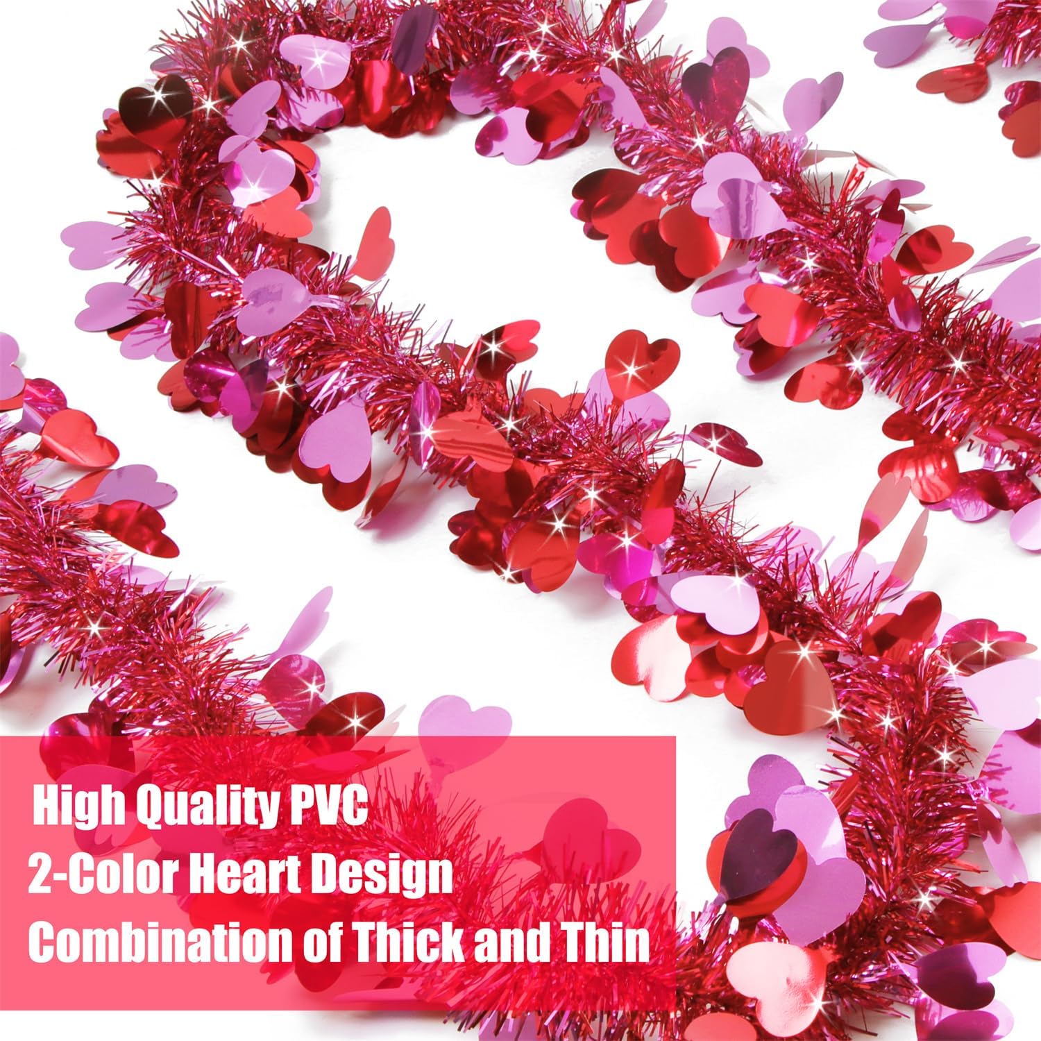 Valentines Day Decor 50 FT Valentines Heart Tinsel Garland, Twist Metallic Shiny Hanging Garland Ornaments for Indoor Outdoor Home Wedding Galentines Party Decorations （Red Pink）
