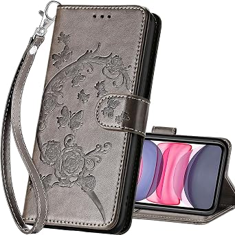 for iPhone 11 Wallet case, Gray Flower