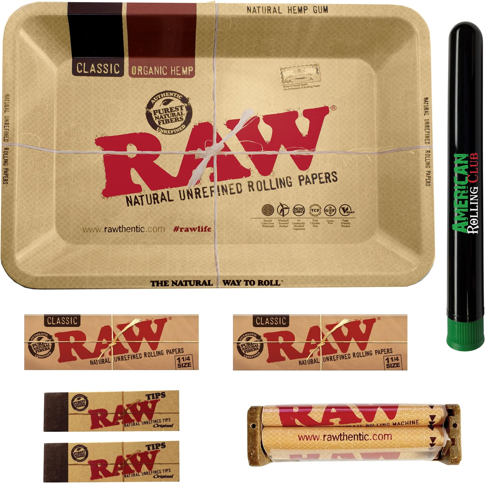 RAW Rolling Tray Combo Includes RAW Tray, RAW 1 1/4 Rolling Papers, RAW Tips, RAW 79mm Rolling Machine and American Rolling Club Tube (Mini)