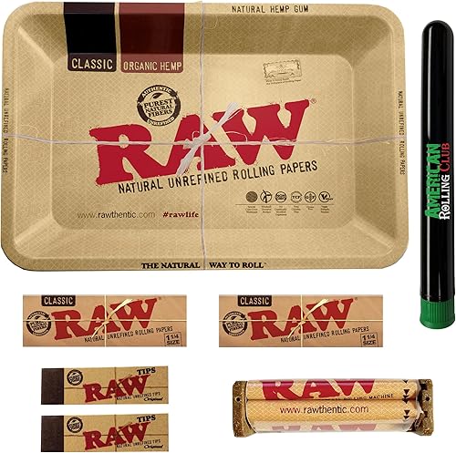 El combo de bandeja rodante RAW incluye bandeja RAW, papeles de liar RAW 1 1/4, puntas RAW, máquina de laminación RAW de 3.110 in y tubo American
