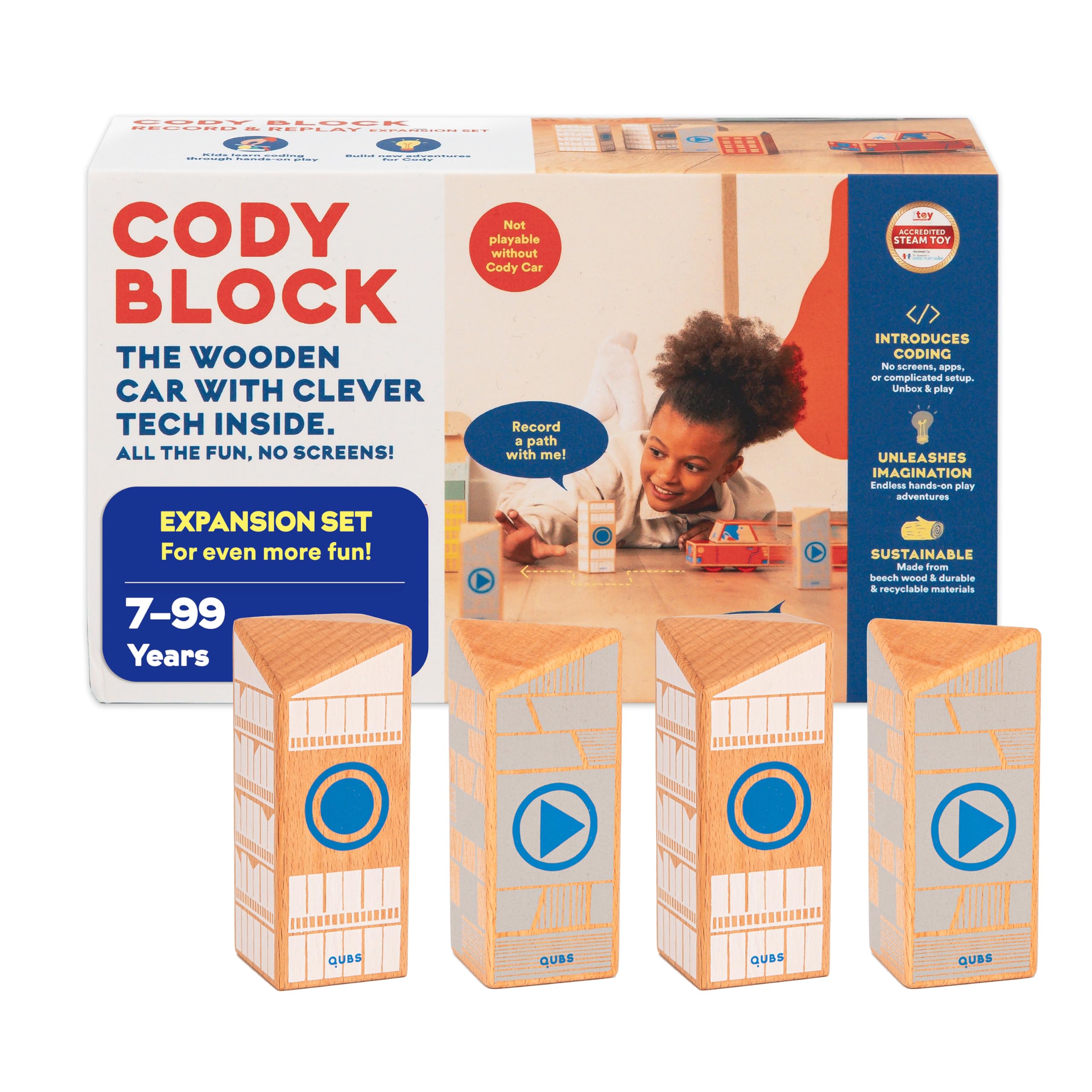 QUBS Cody Block Record & Play Expansion Set, Educational Wooden Building Blocks and Car STEM Toys for Preschool Kids Ages 7+
