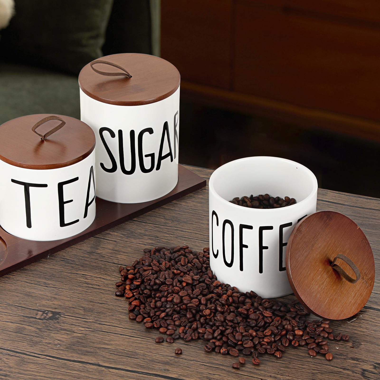 BTSKY Set di 3 contenitori da cucina in ceramica bianca – 3 misure ermetiche per zucchero, caffè, tè, con coperchio e vassoio in legno, barattoli per alimenti