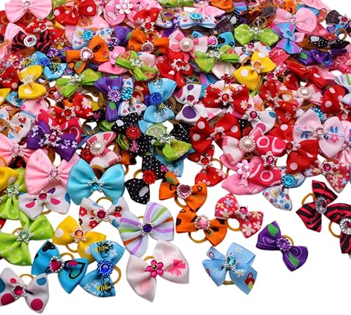 Miniatura 8 de YOY 50 unidades/25 pares de adorables lazos de grogrén para el pelo de perro con bandas de goma, accesorios para el pelo de cachorro, gato, gatito