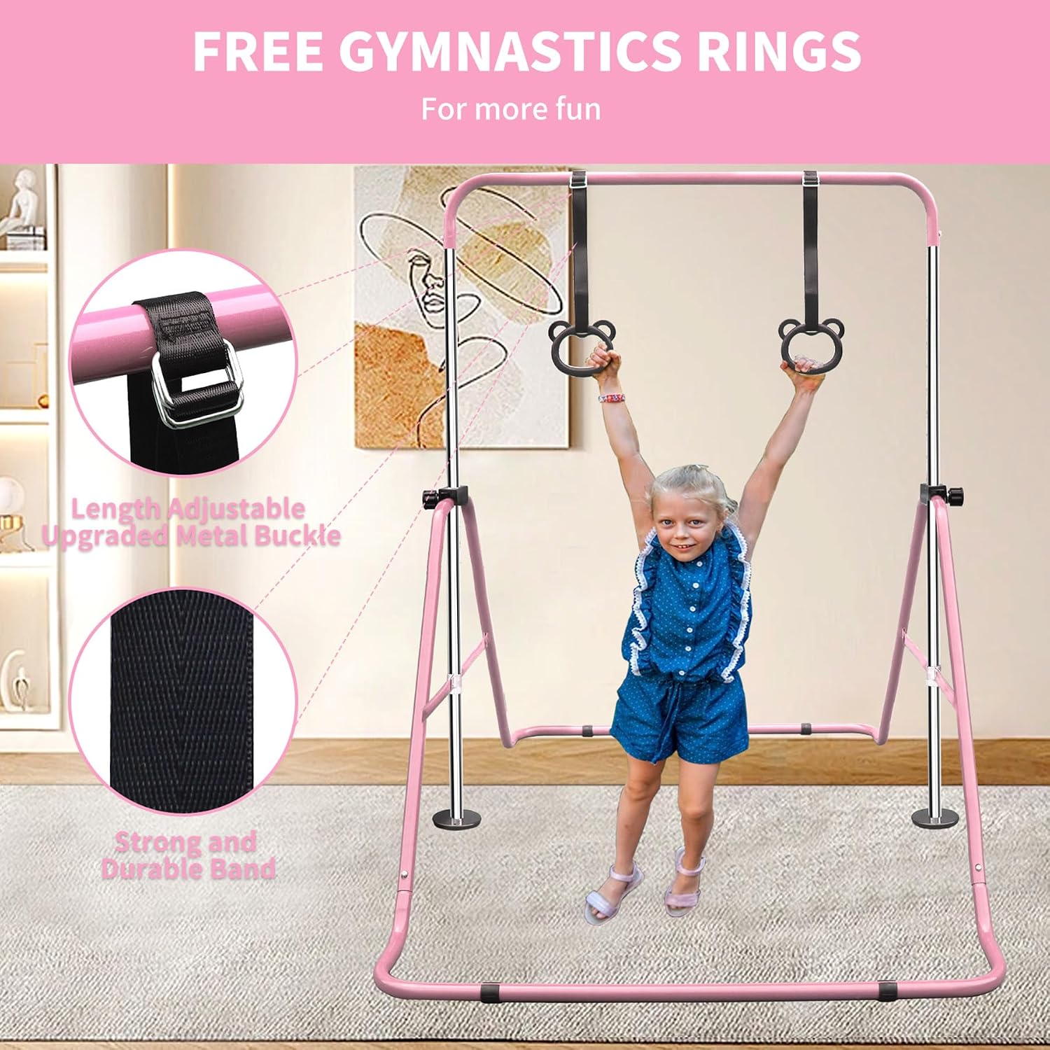 Anwick Expandable Gymnastics Bar for Kids, Folding Training Kip Bar, Adjustable Height, Gymnastics Horizontal Bars Equipment with Rings for Home, Indoor Gym