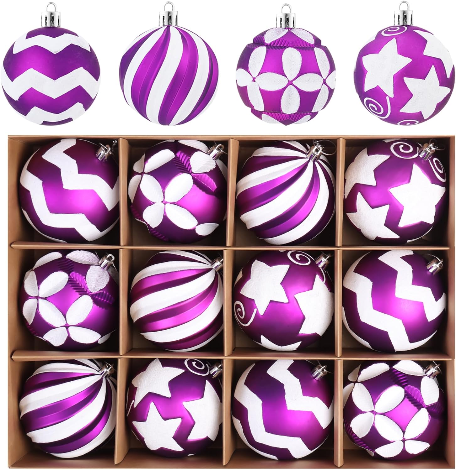 Large Purple Christmas Ornaments for Tree, 12Pcs Big 4'' Shatterproof Plastic Ball Ornaments, Indoor & Outdoor Xmas Tree Decorations for Holiday Malls (Purple & White)