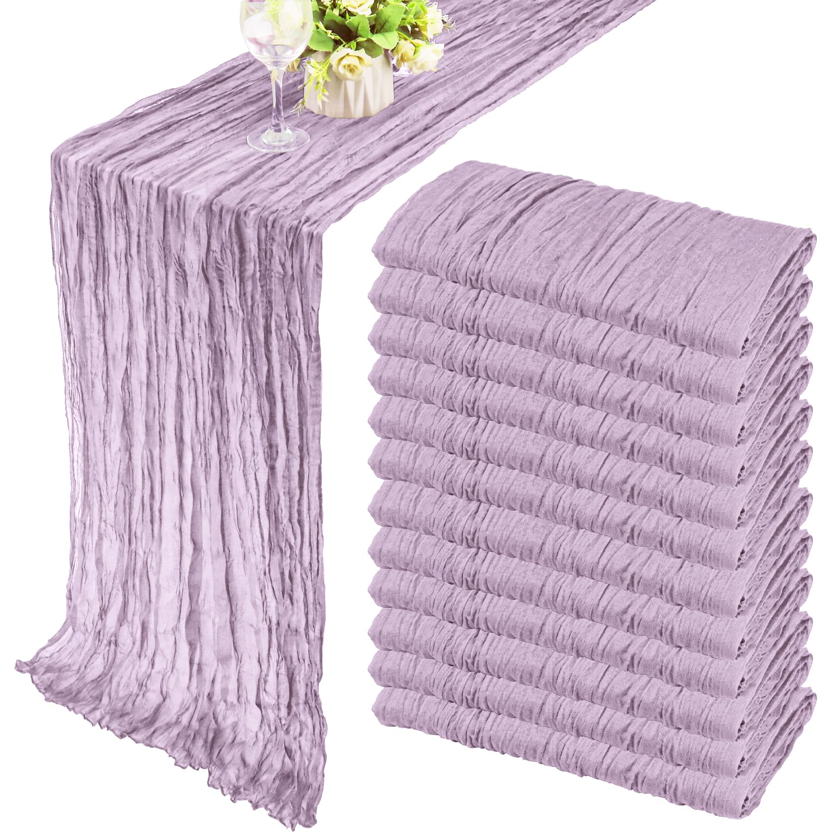 Photo 1 of Boho Gauze Table Runner - 35x72 Inch Rustic Cheese Cloth Long Runner for Wedding, Bridal Shower, Birthday Party Decor (Light Purple)