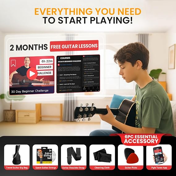 Pyle Beginner Acoustic Guitar Kit, 4/4 Full Size All Wood Instrument with Full Accessory Kit, Picks, Shoulder Strap, Carry Case, Cleaning Cloth, Tuner App, 2 Month Lessons, 39