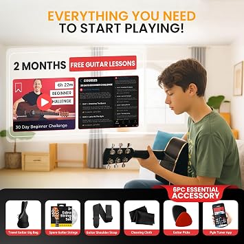 Pyle Beginner Acoustic Guitar Kit, 4/4 Full Size All Wood Instrument with Full Accessory Kit, Picks, Shoulder Strap, Carry Case, Cleaning Cloth, Tuner App, 2 Month Lessons, 39
