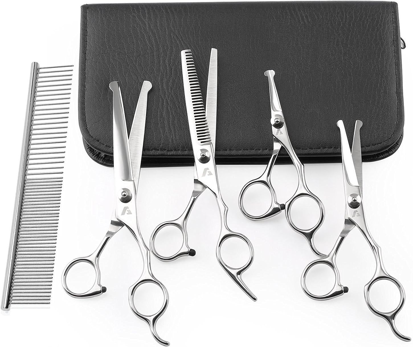 Pet Grooming Scissors Kit, Augymer 5 PCS Rounded Tips Curved Pet Grooming Shears For Cats Dogs Stainless Steel Scissor For Body Face Ear Nose Paw