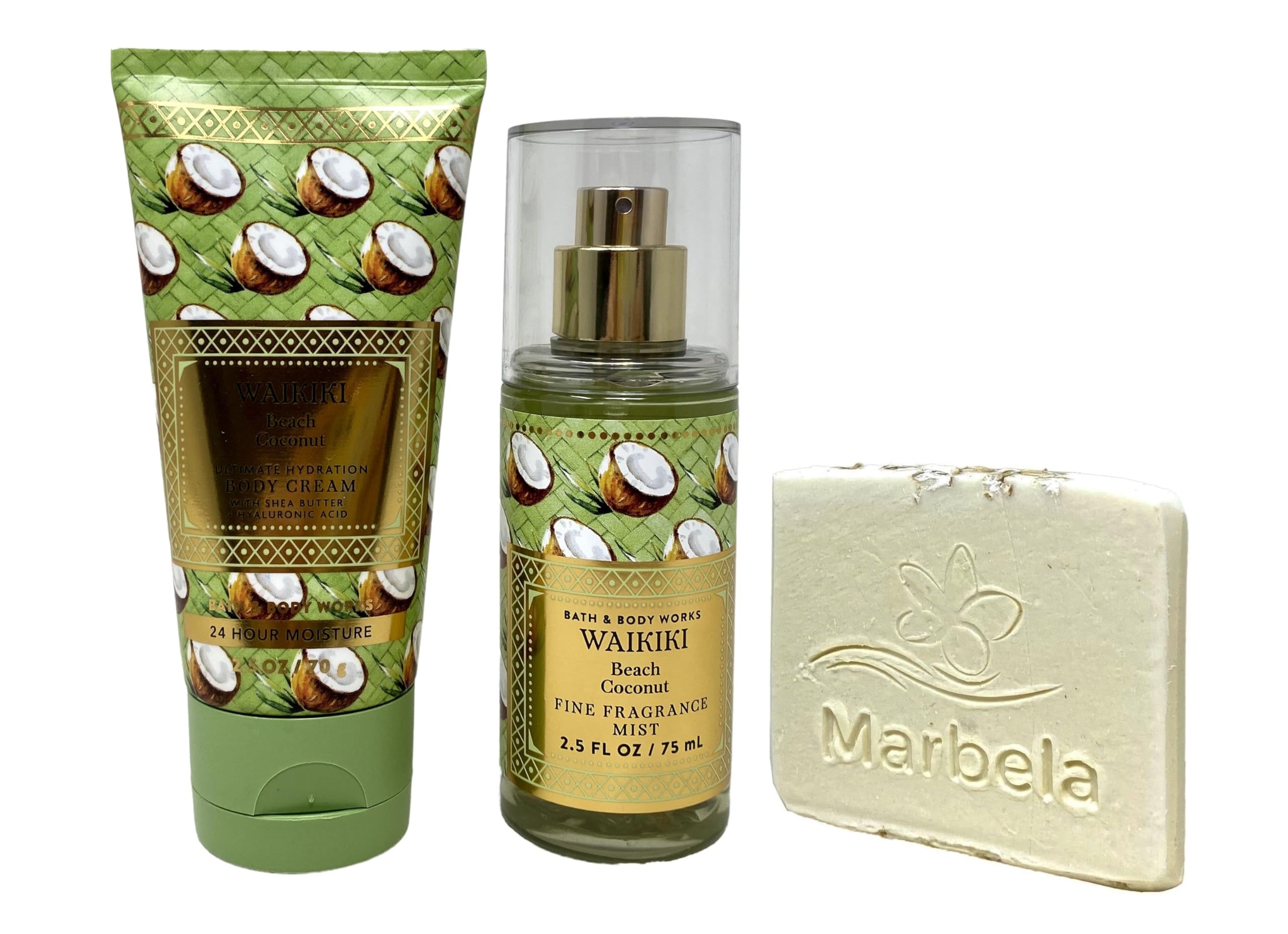 Bath & Body Works Waikiki Beach Coconut Mini Fragrance Mist and Hydration Body Cream Bundle with a Natural Oats Sample Soap - Travel Size