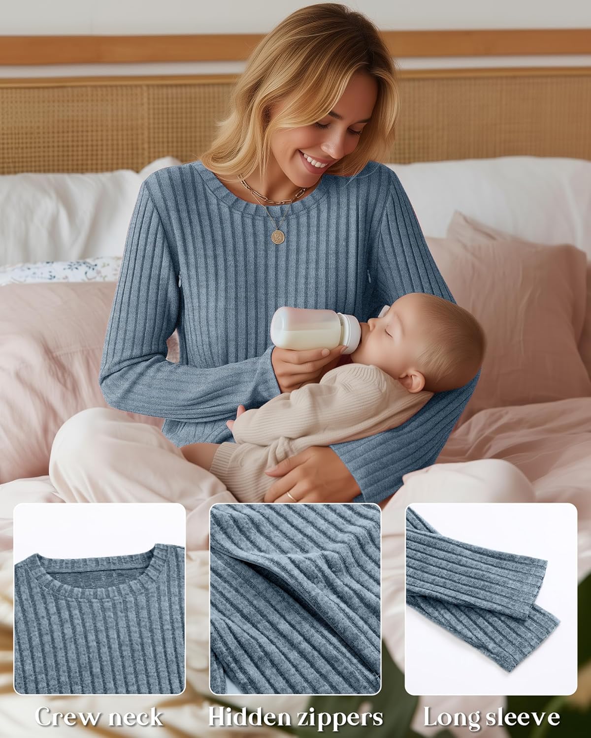 4 Pack Women Nursing Shirts Breastfeeding Long Sleeve Tops Thermal Sweaters with Hidden Zipper Ribbed Maternity - Image 5