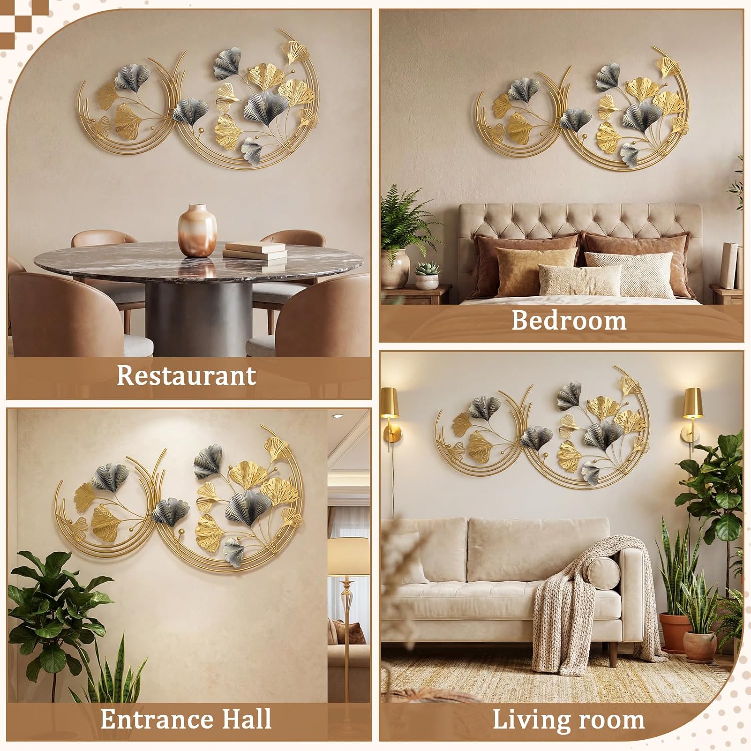 Yerliker Large 3D Metal Wall Art Decor, Handmade Round Golden Ginkgo Leaf Wall Sculpture 43.3" Vertical, Unique Gold & Gray Modern Decor for Living Room, Bedroom, Office, Home