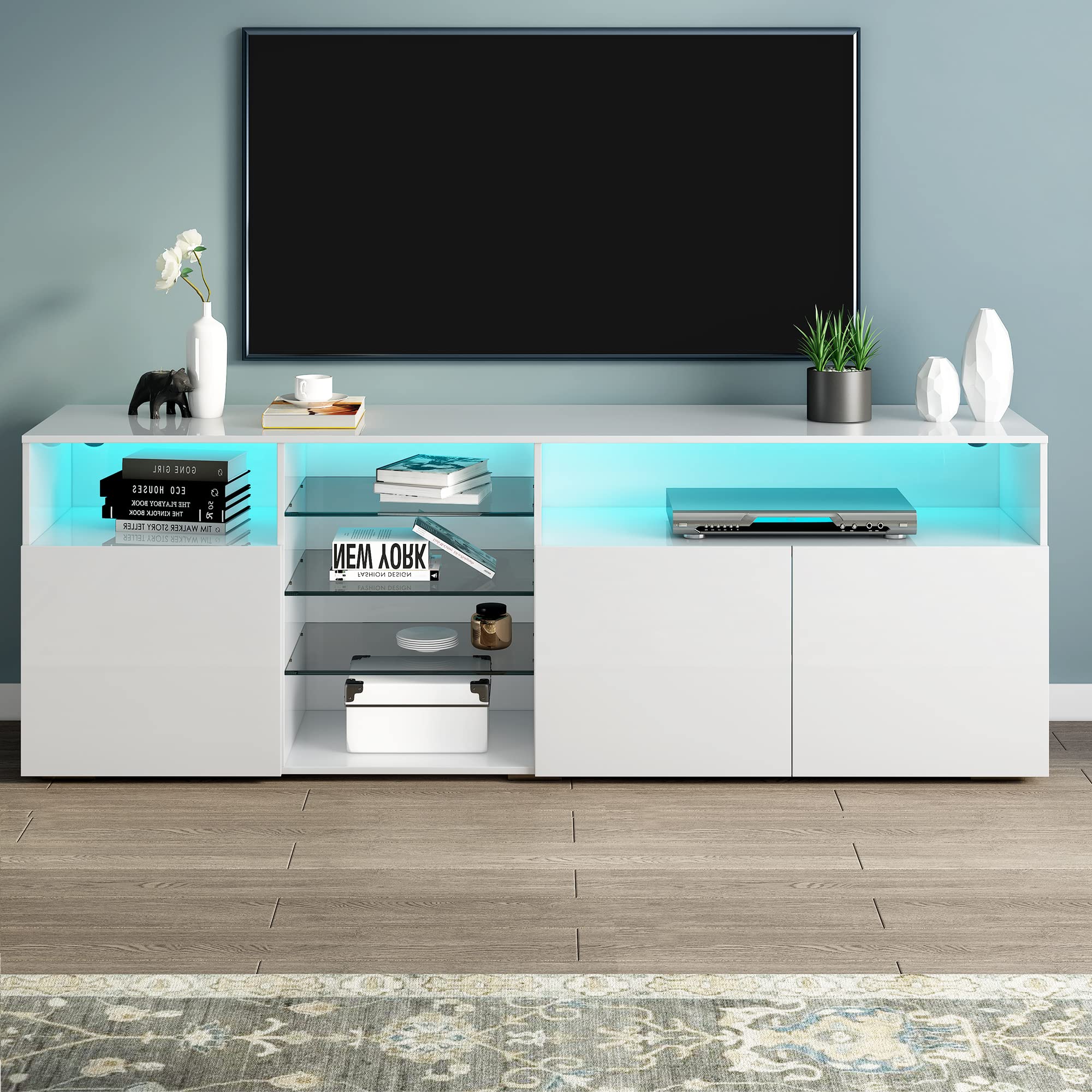 Harper & Bright Designs Modern TV Stands with 16 Colors Changing LED Lights, High Gloss TV Table with 2 Stroge Cabinets and Glass Shelves for TV 70+", Living Room Bedroom, White