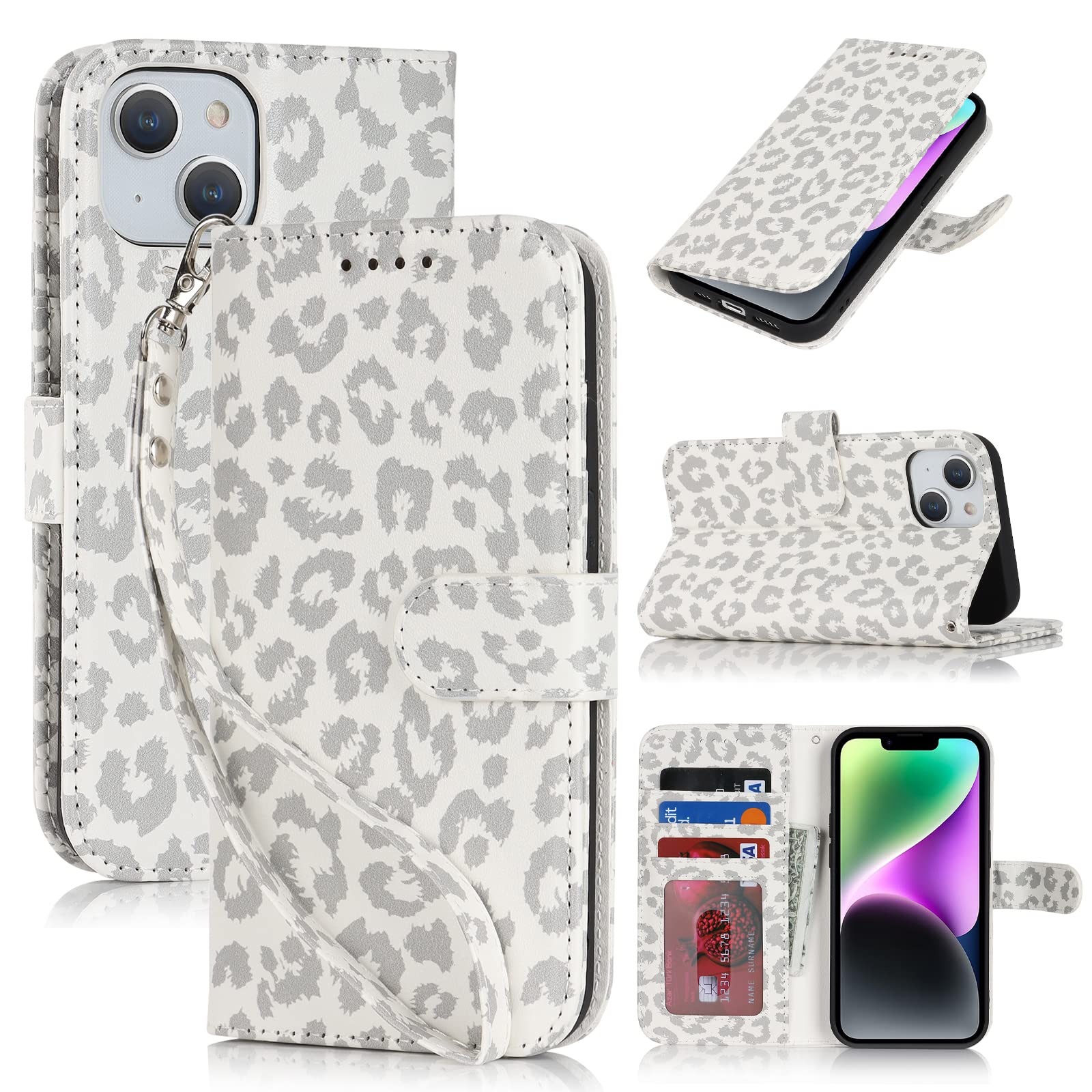 iCoverCase Compatible with iPhone 13/14 Wallet Case with Card Holder and Wrist Strap, PU Leather Kickstand Magnetic Protective Flip Cover Case 6.1