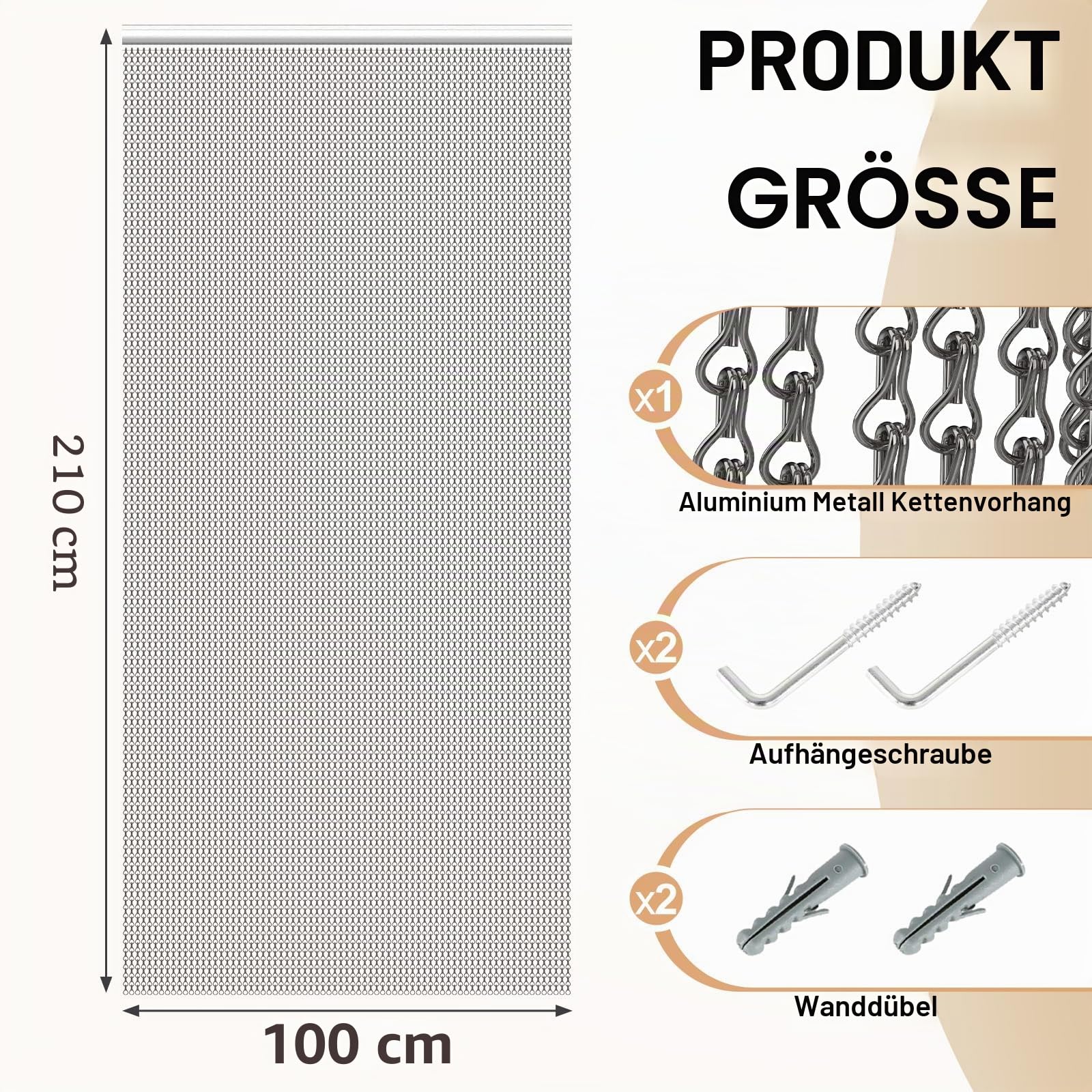 Ferghana Fliegentür Fliegenvorhang Terrassentür Insektenschutzgitter Aluminium Premium Fliegengitter Metall Kettenvorhang für Türen Jalousien (Metallgrau,100x210cm) | Fliegengittertür für Türen, Balkon, Terrasse, Schädlingsbekämpfung, Insektenschutz Türvo