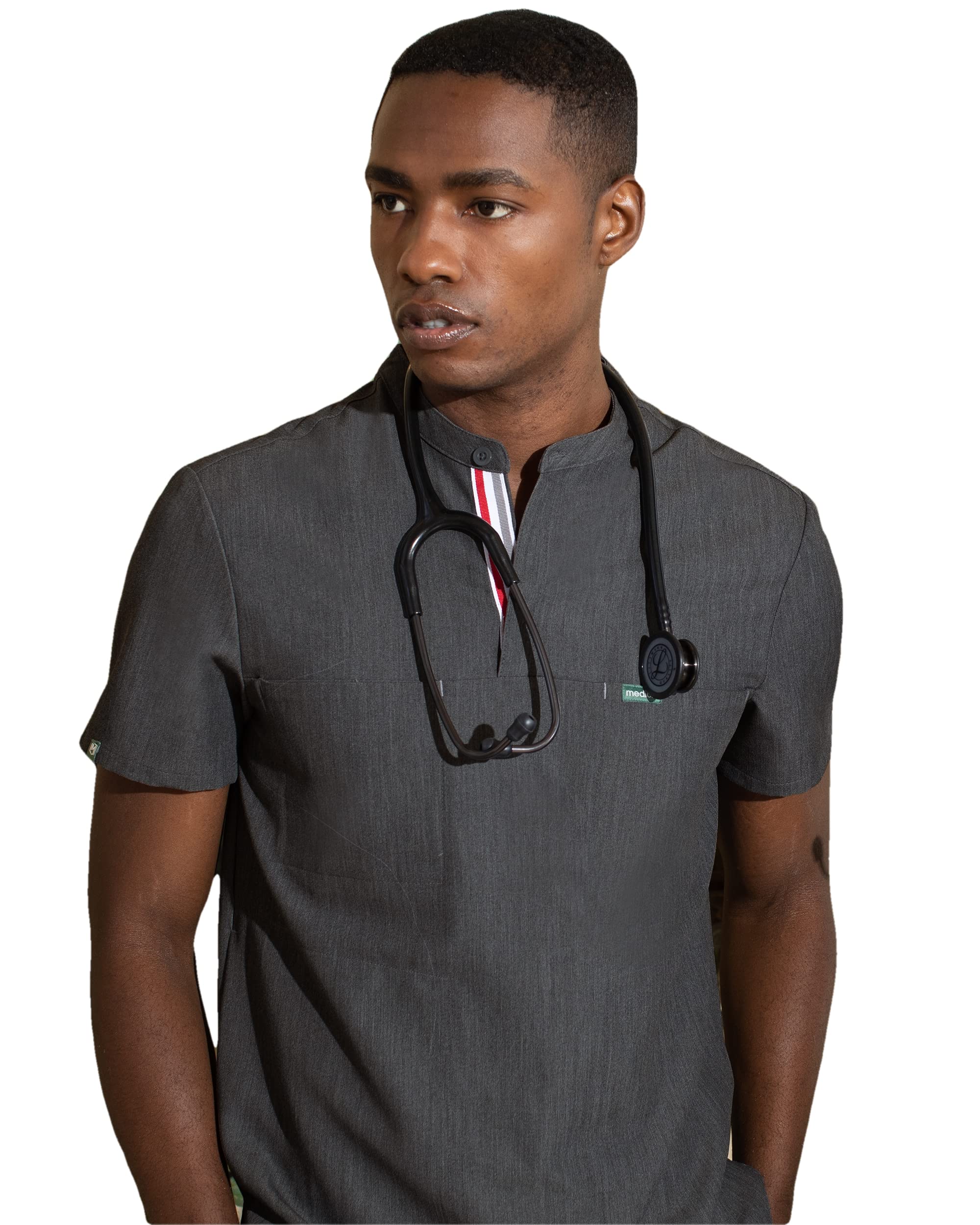 Mediclo Men's Medical Scrub Top – Skye Banded Collar Shirt with Chest Pockets Eco Friendly Sustainable FYSEL Fabric Workwear Heather Grey MT5004RHGY02 XS