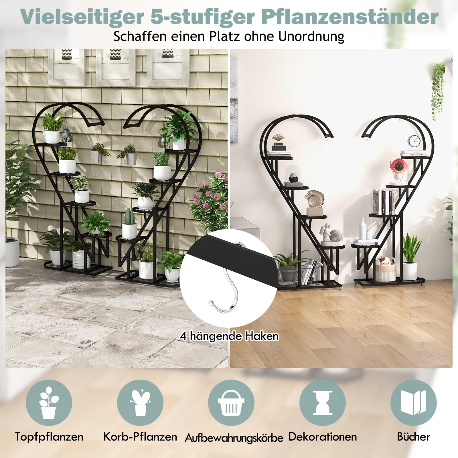 GOPLUS 5-stufiger Metall-Pflanzenständer in Herzform, Pflanzenregal mit 4 Aufhängehaken, Lamellenablagen, wandelbarer Blumenständer, Leiter Pflanzenregal für Wohnzimmer, Balkon (Schwarz)