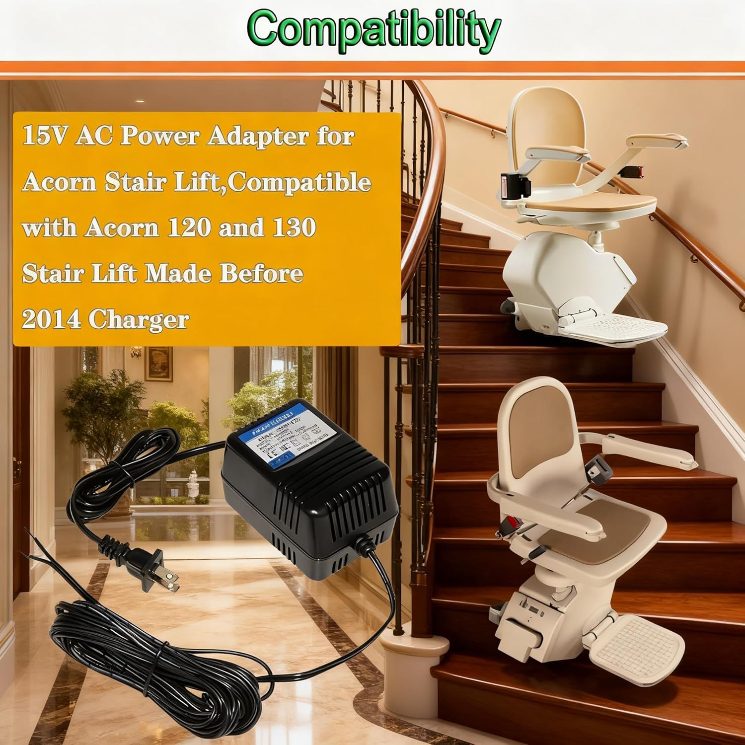 for 15V AC Power Adapter Acorn Stair Lift,Compatible with Acorn 120 and 130 Stair Lift Made Before 2014 Charger Transformer Power Supply