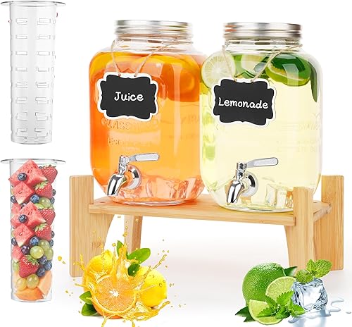 Juego de 2 dispensadores de bebidas de vidrio para fiestas, dispensadores de bebidas de hielo de 1 galón con soporte, dispensador de jugo con