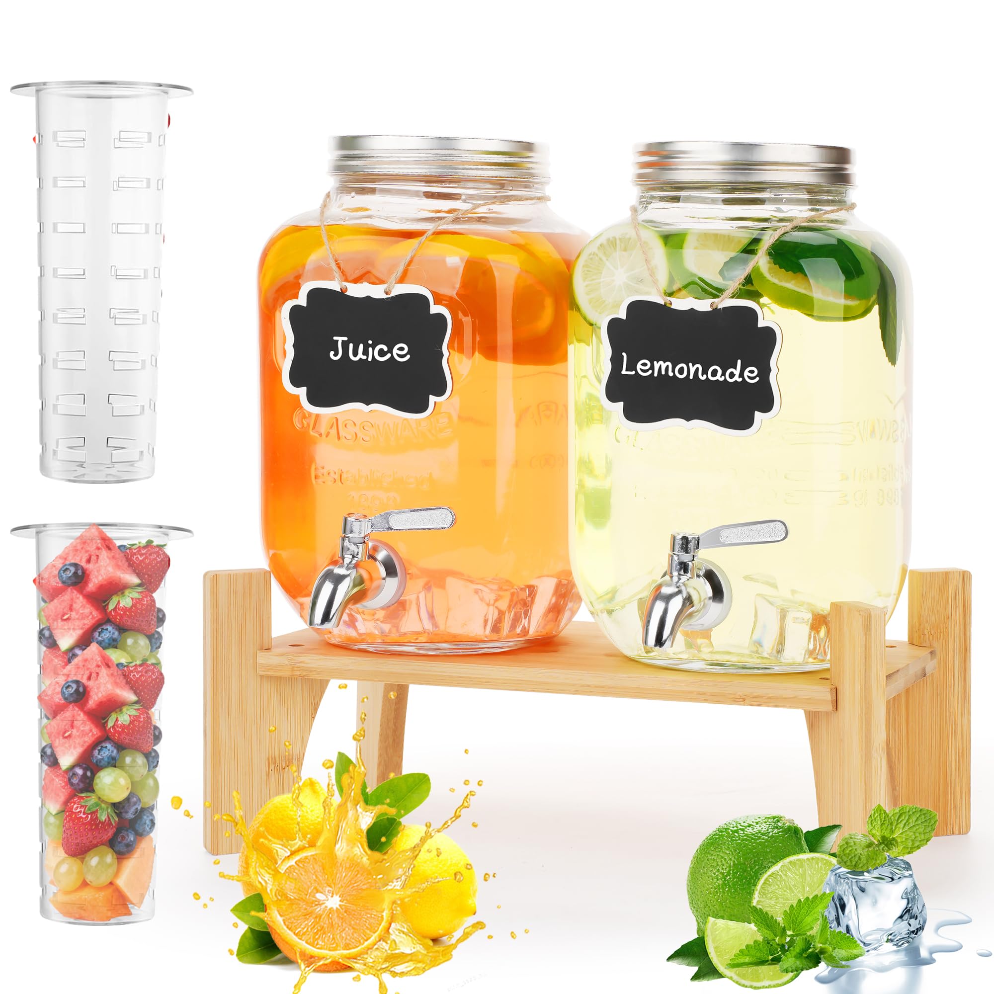Juego de 2 dispensadores de bebidas de vidrio para fiestas, dispensadores de bebidas heladas de 1 galón con soporte, dispensador de jugo con infusor de frutas y espiga a prueba de fugas, ideal para