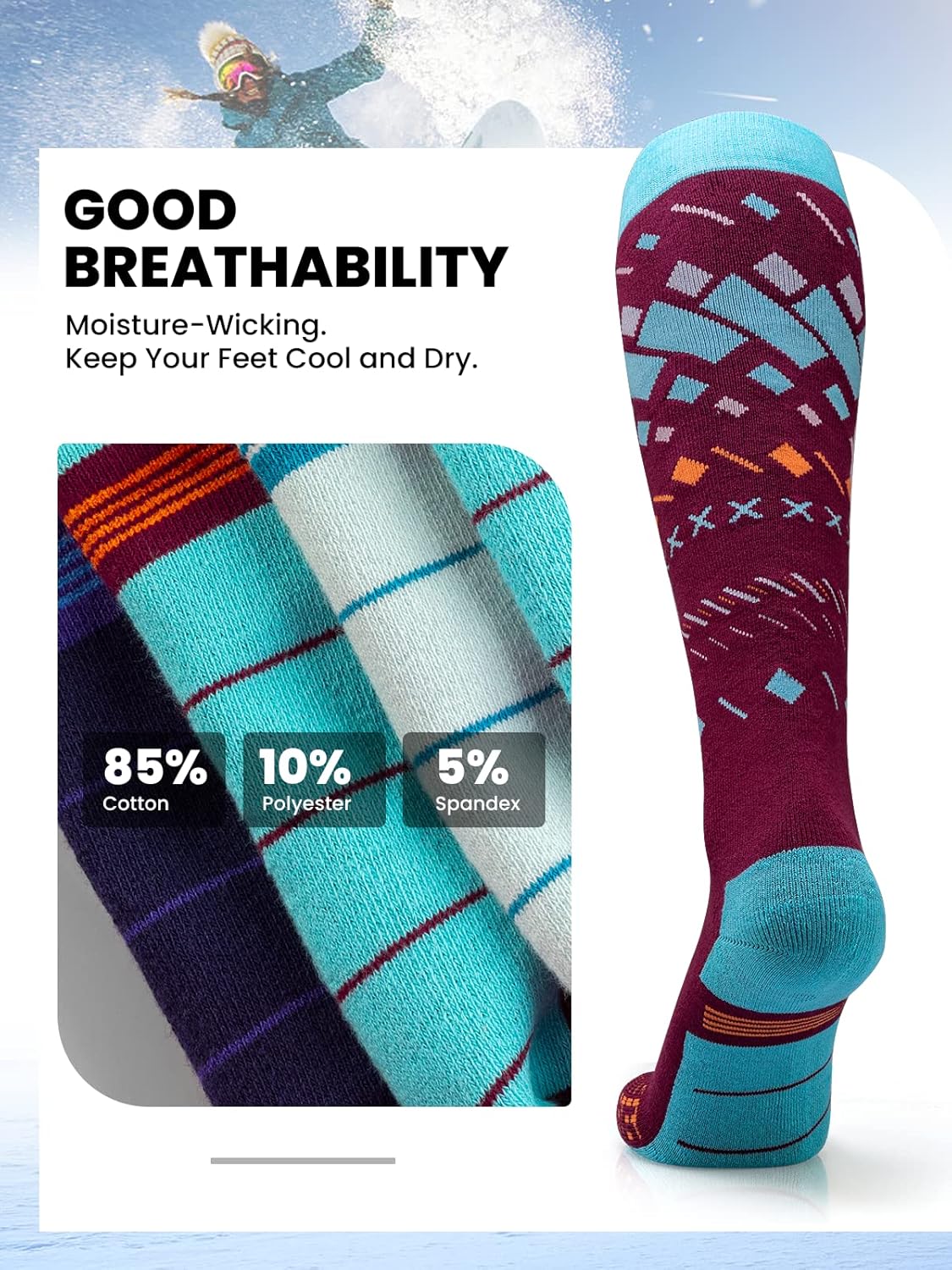 OutdoorMaster Update Ski Socks, 2 Pack Snowboarding Socks for Men & Women, Thermal Winter Warm & Breathable, Over The Calf - Image 3