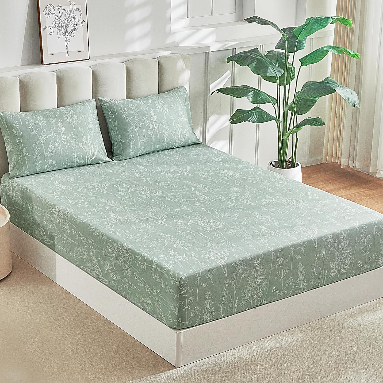 Tokokimo King Size Fitted Sheet Set, 16' Deep Pocket Green Sage Fitted Sheet with 2 Pillowcases, Ultra Soft & Breathable Microfiber Sage Print Bedding Set (Not Including Flat Sheet)