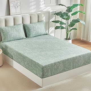 Tokokimo Spannbettlaken 160x200cm - Salbei Grün - Zweig und Blumenmuster Design - 35 cm Tiefe Tasche, mit 2X Kissenbezügen 80x80cm mit Reißverschluss