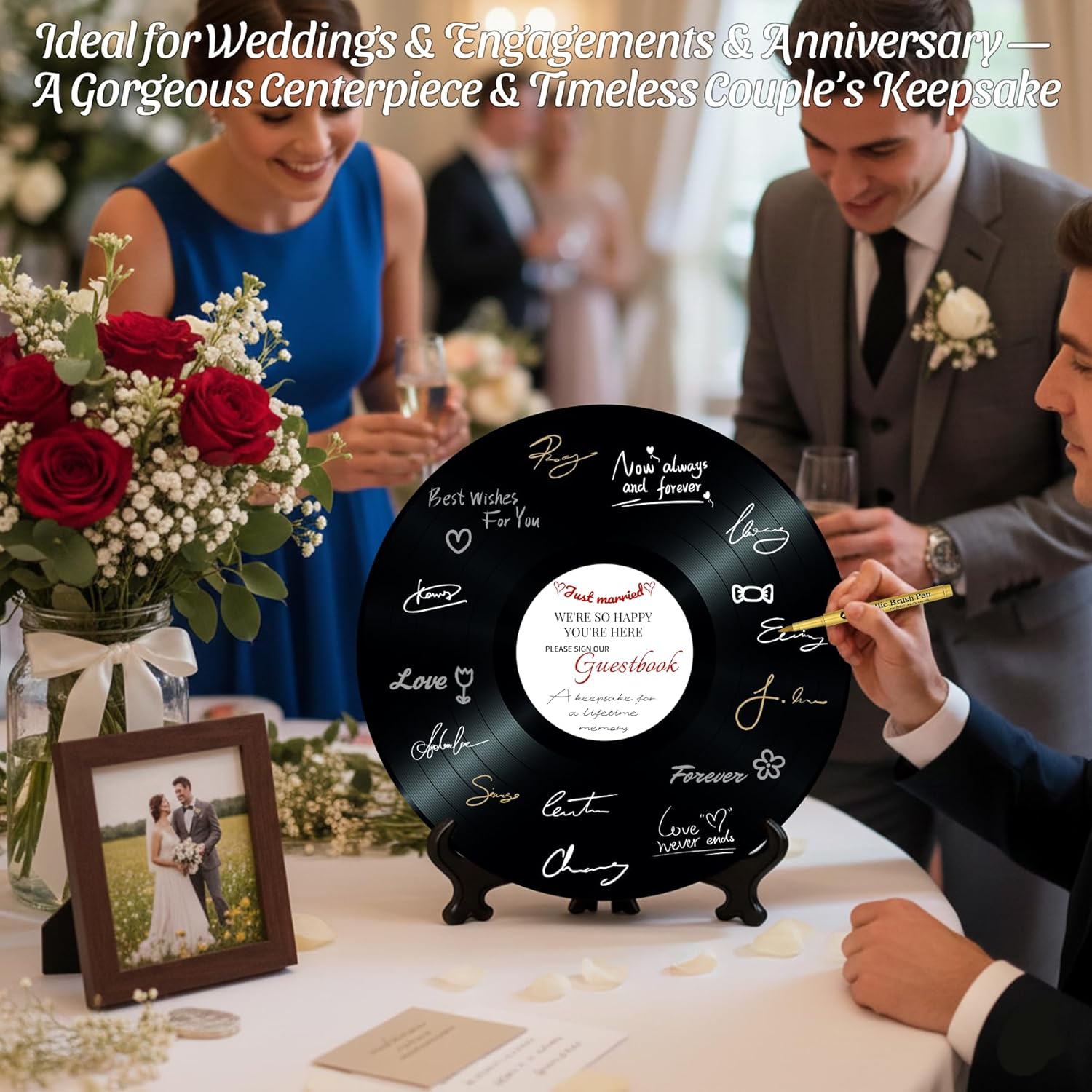 Vinyl Record Wedding Guest Book Acrylic,Retro Record Guestbook Alternative with Stand,Metallic Pens & Thank You Cards,Unique Wedding Reception Decoration & Keepsake(12in)