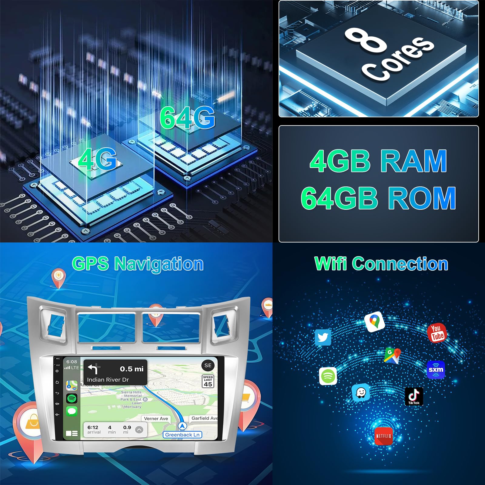 8 Core 4G+64GB Autoradio per Toyota Yaris/Vizi 2005-2011 Android 9 Pollici Touchscreen Carplay Android Auto, Radio 2 Din GPS Navigatore Bluetooth WiFi DSP WiFi FM RDS Camera Schermo per Toyota