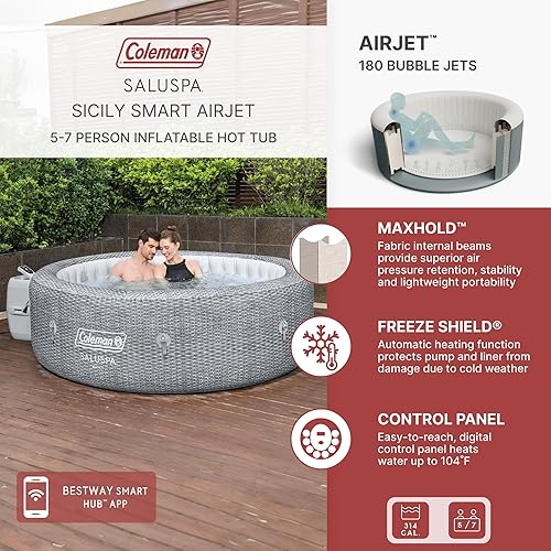 Miniatura 2 de Coleman SaluSpa Sicily AirJet - Bañera de hidromasaje con 180 chorros relajantes con juego de 6 asientos antideslizantes para piscina y spa con