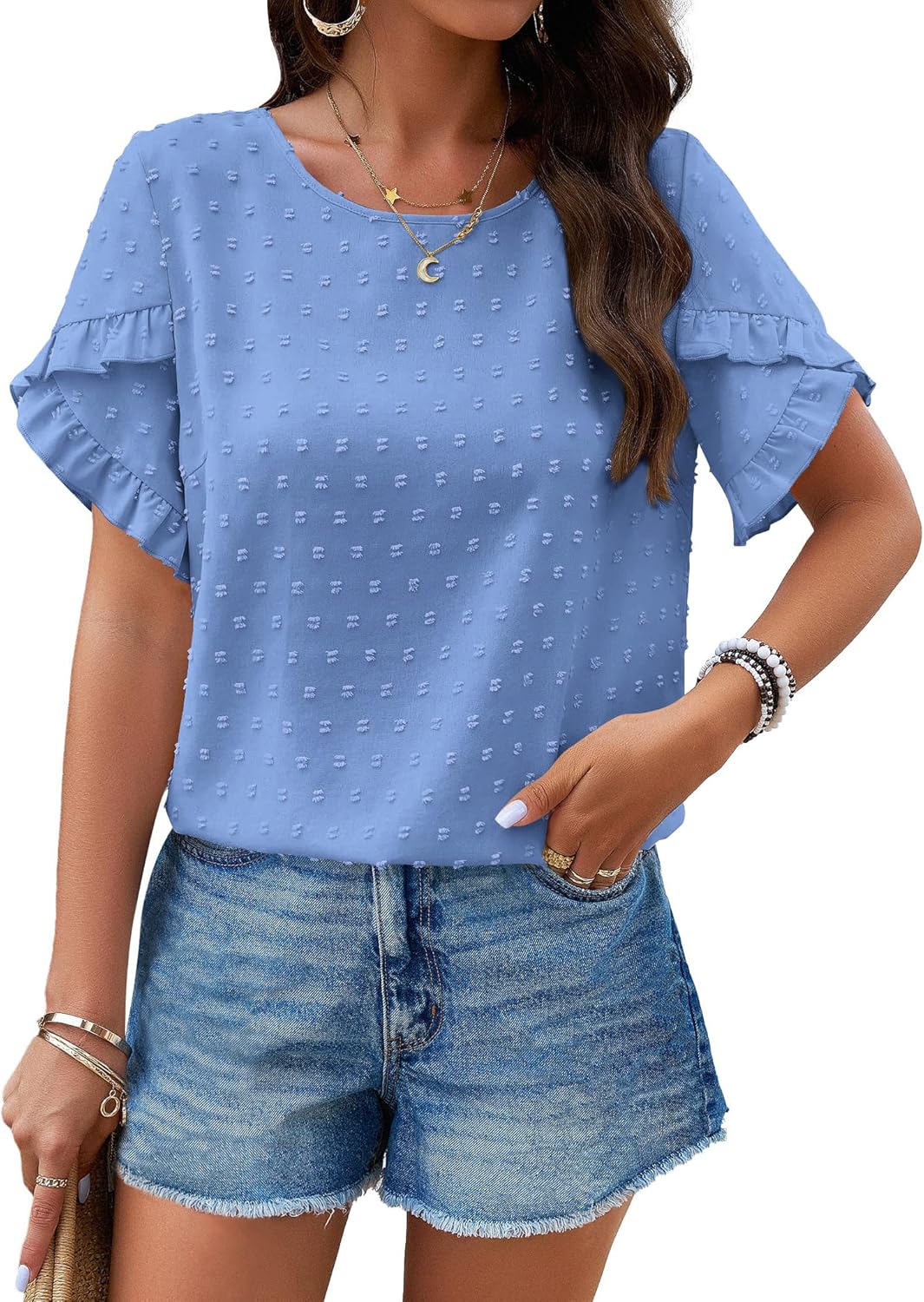 PRETTYGARDEN Women's Tops 2026 Summer Ruffle Short Sleeve Crewneck Blouses Swiss Dots Solid Loose Tunics Work Shirts