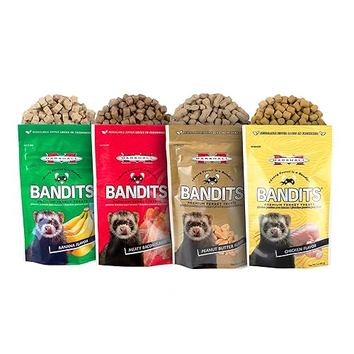 Marshall Bandit Treats Variety Bundle for Ferrets – 3 oz Each – Includes Banana, Peanut Butter, Bacon, and Chicken Flavors – Nutritious Semi-Moist Snacks (Pack of 4)
