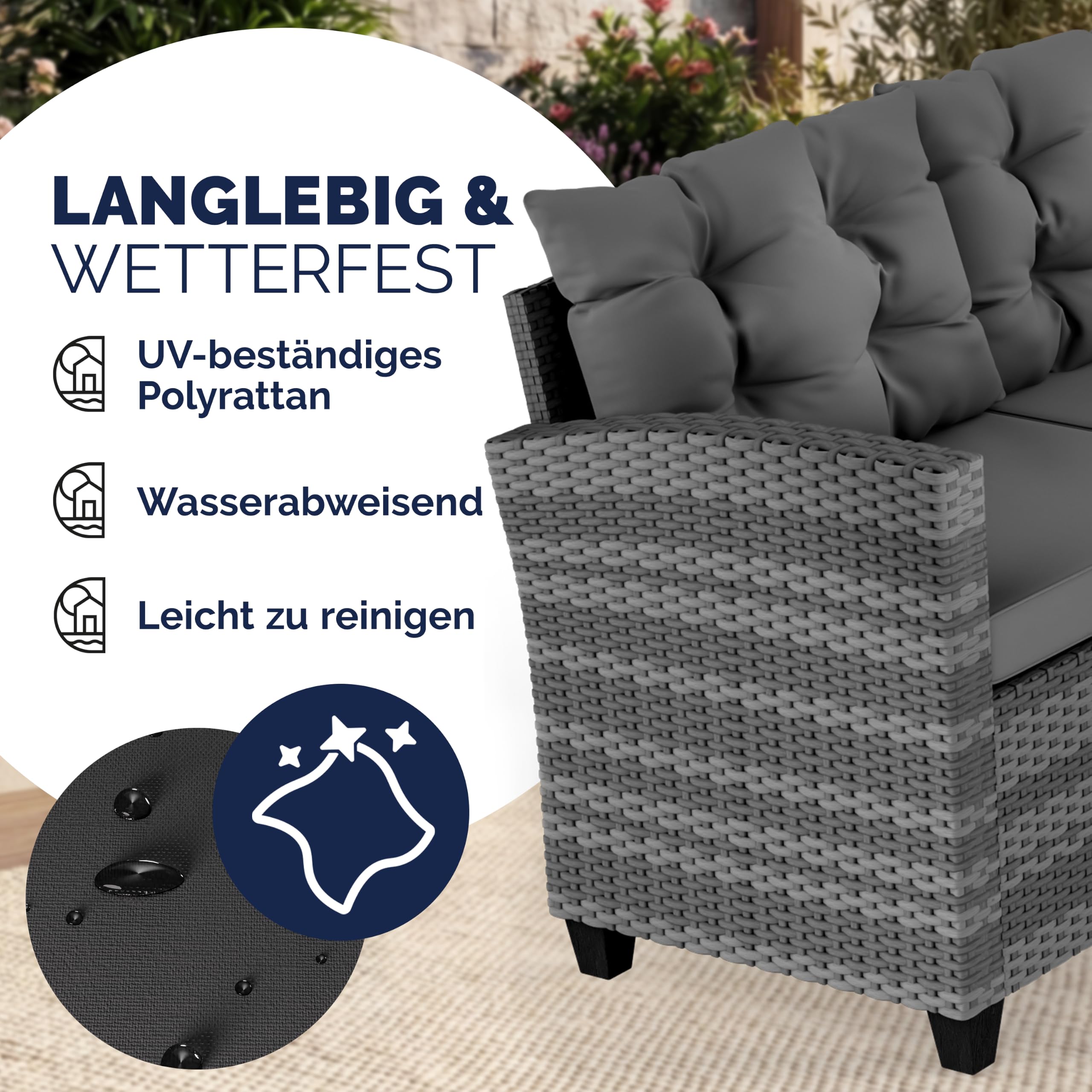 Casaria® Polyrattan Ecklounge Set WPC Esstisch Ecksofa inkl. 7 cm Sitzauflagen 15 cm Kissen Wetterfest Outdoor Lounge Garten Terrasse Balkon Möbel Grau